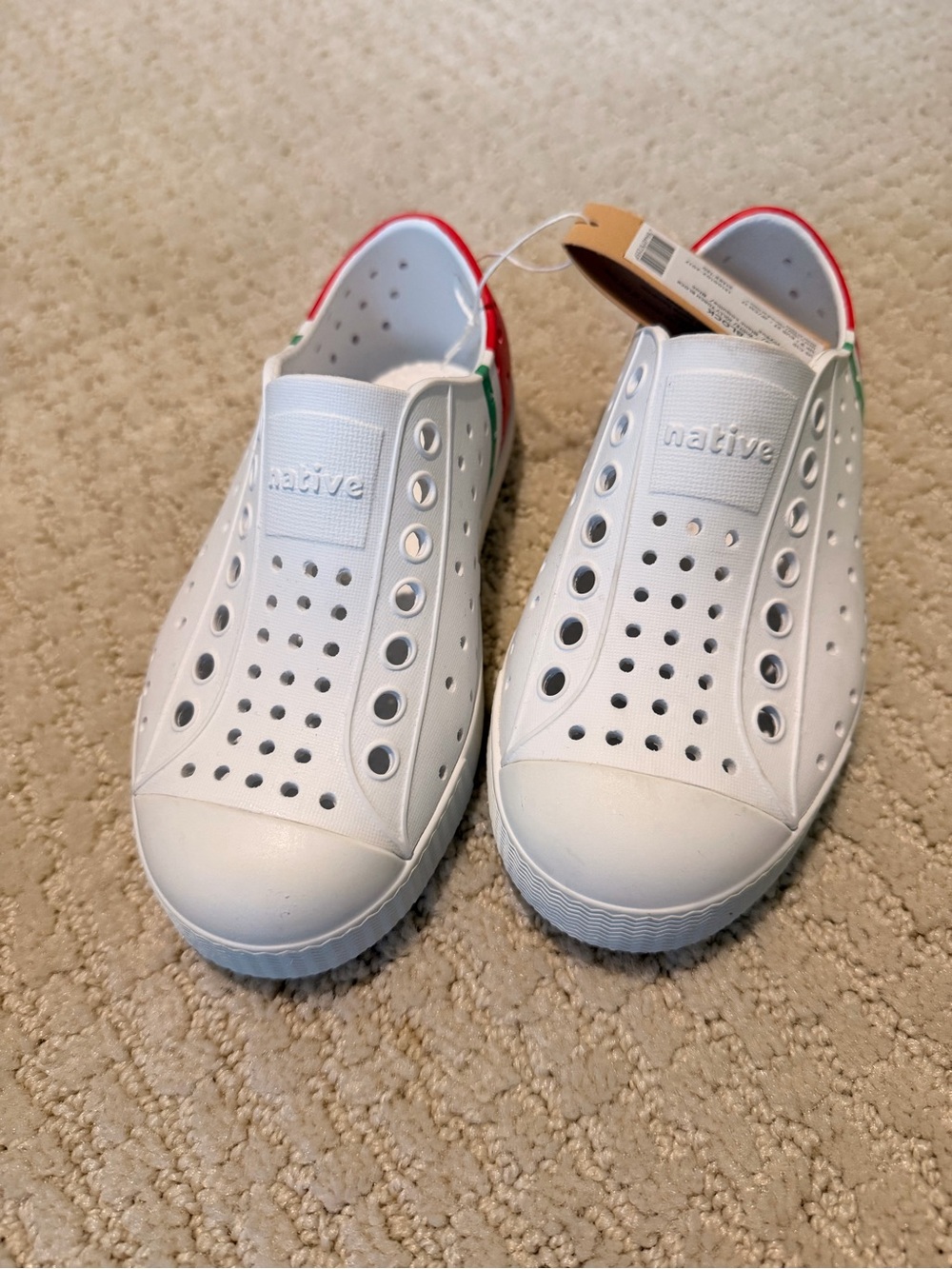 Native Kids Slip-On Sneakers in White with Red & Green Trim Size c10 NWT